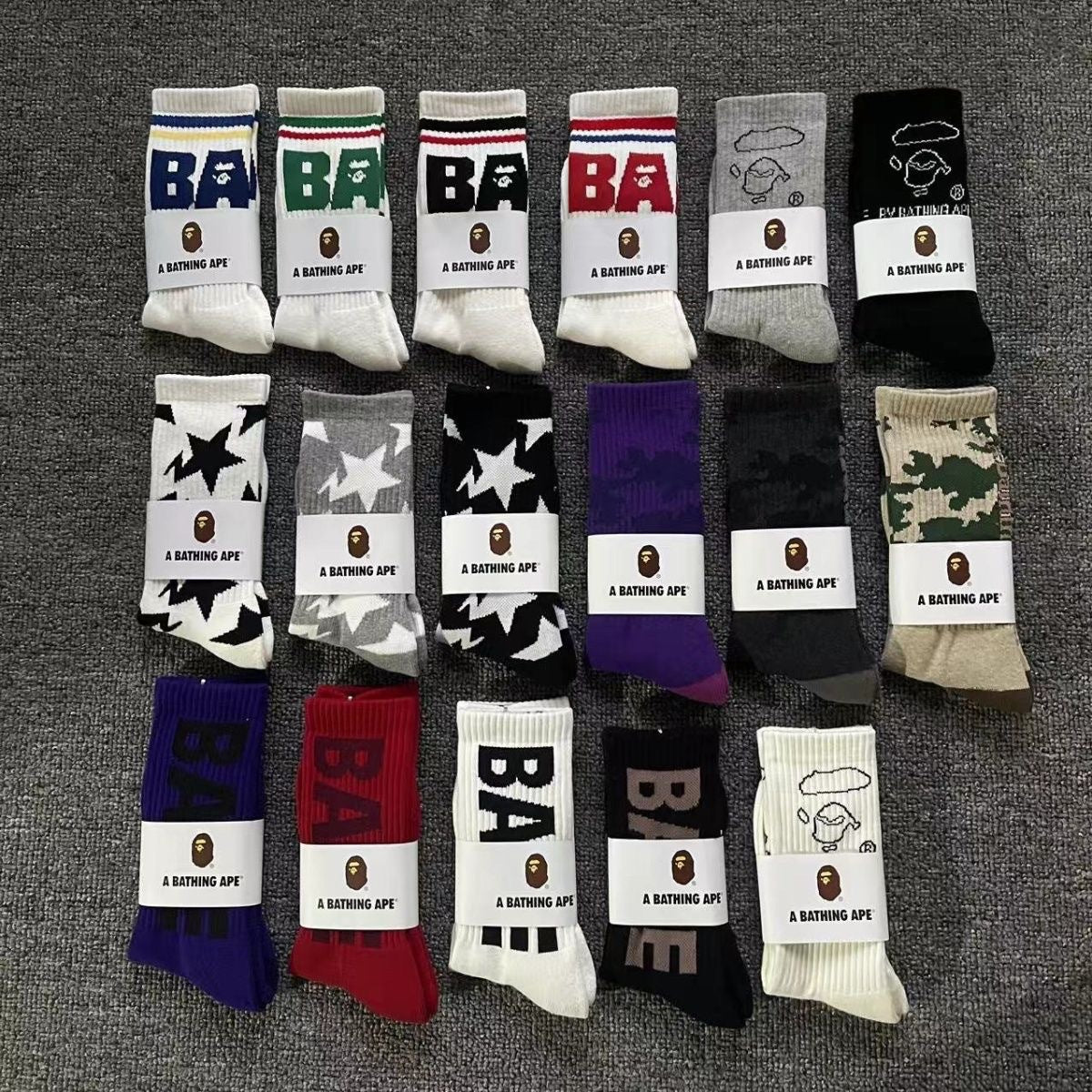 BAPE Ape Head Ribbed Crew Socks Multi Graphic Prints