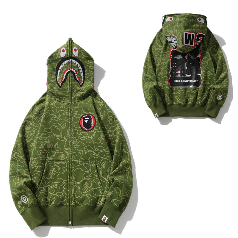 BAPE Shark Camo Print Full Zip Embroidery Streetwear Hoodie Unisex