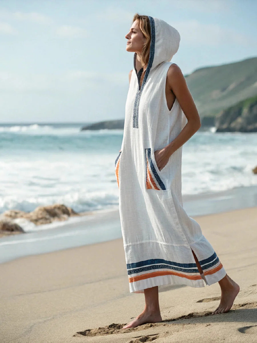Women Boho Striped Hooded Sleeveless Slit Pocket Kaftan Maxi Beach Dress