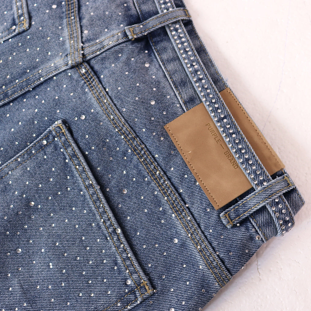 Purple Brand Rhinestone Straight‑Leg Denim Shorts Unisex