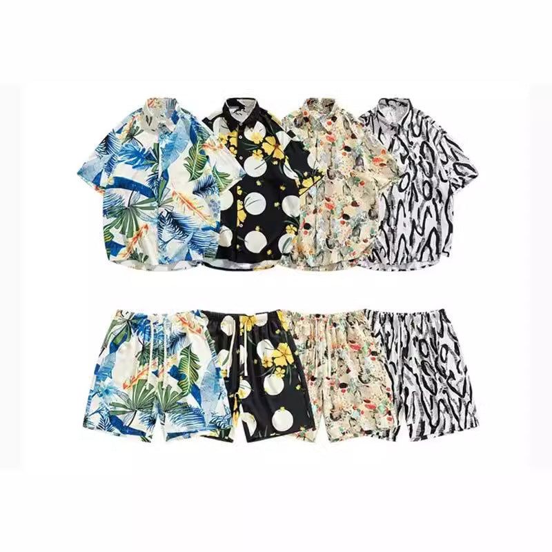 Ice Silk Quick Dry Couple Floral Loose Beach Shirt Shorts Set T3601-T3630
