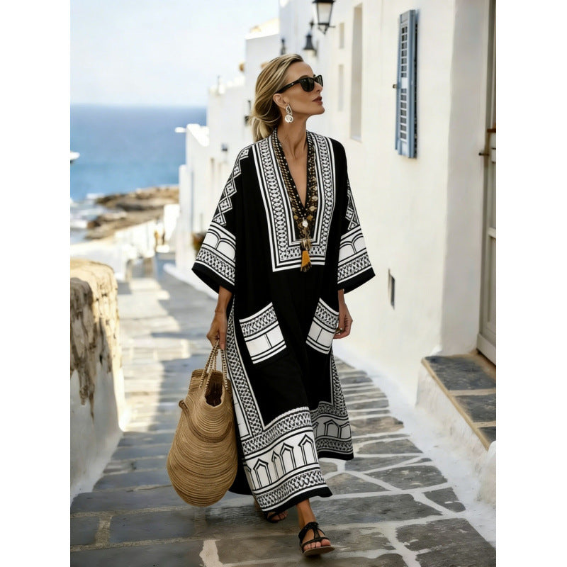 Women Boho Striped V Neck Open Front Loose Kaftan Maxi Beach Dress
