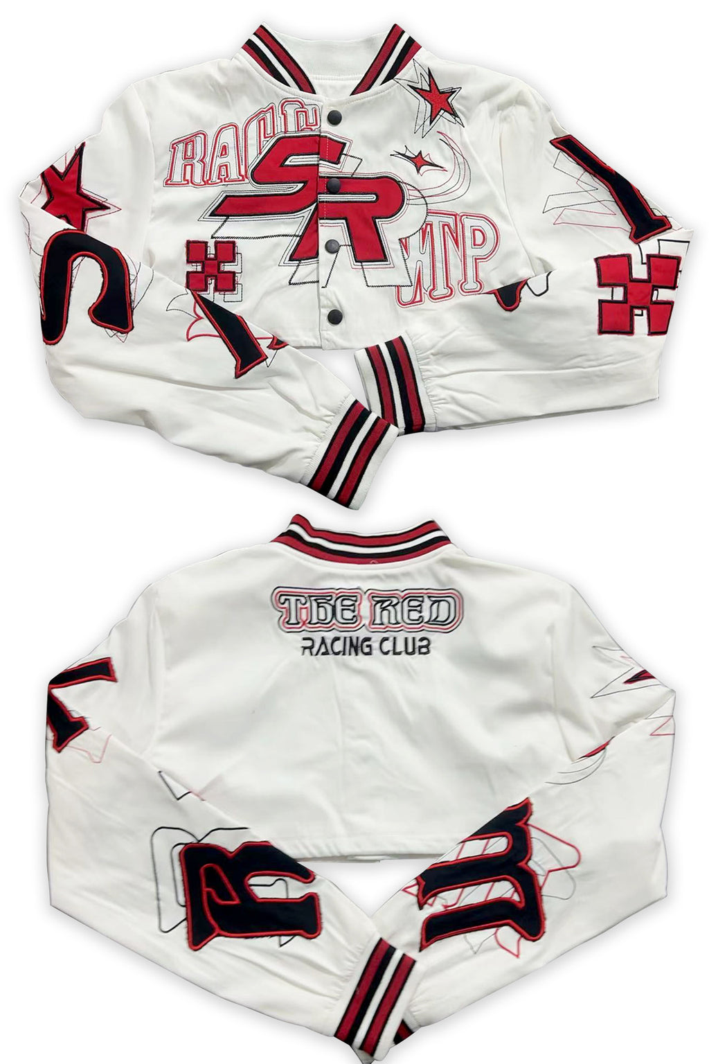 Embroidered Cropped Varsity Jacket Women Long Sleeve Baseball Coat