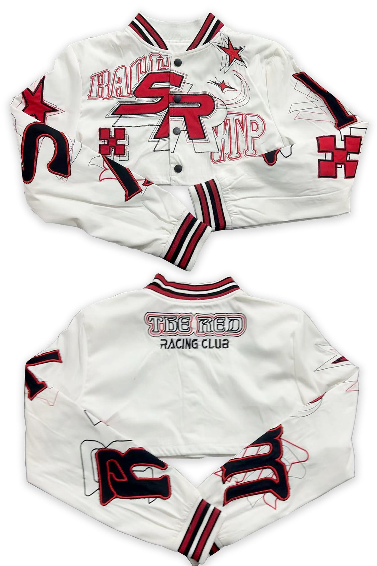 Embroidered Cropped Varsity Jacket Women Long Sleeve Baseball Coat