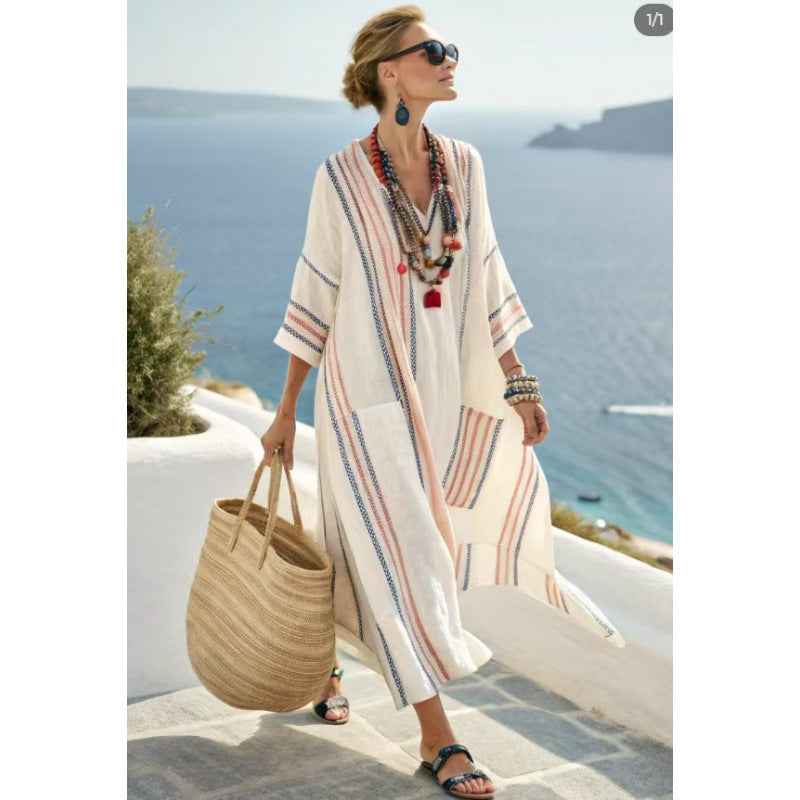 Women Boho Striped Embroidery V Neck Loose Kaftan Maxi Beach Dress
