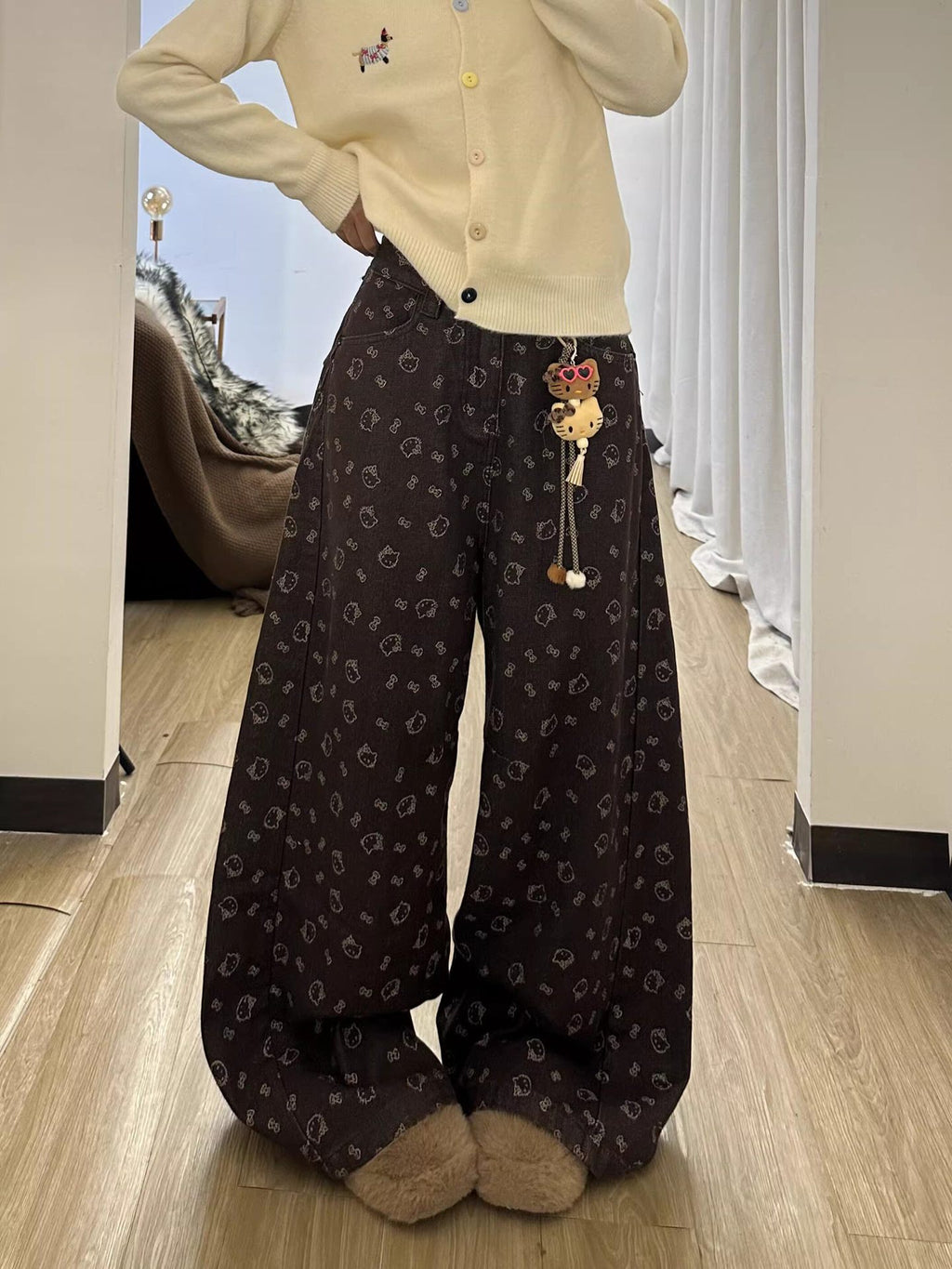 Brown Hello Kitty Print Wide Leg Denim Jeans High Waist Loose Trousers