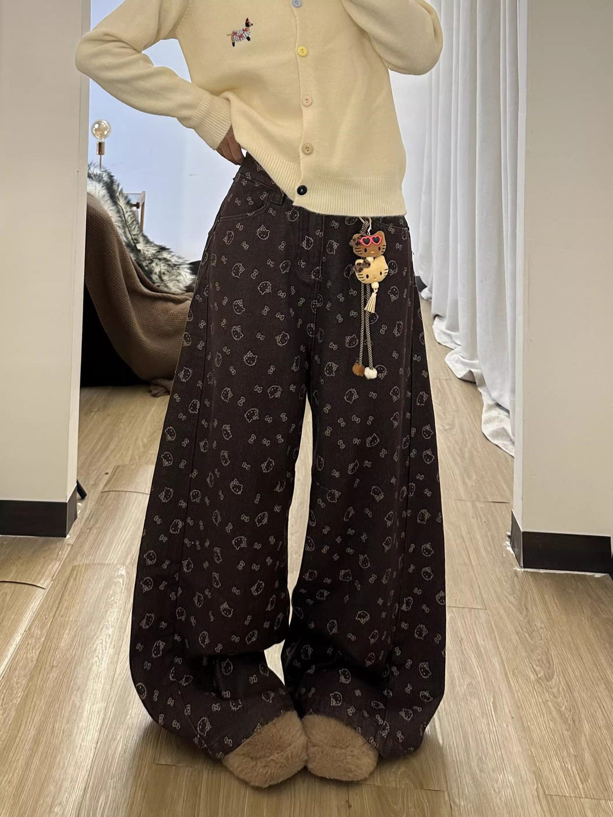 Brown Hello Kitty Print Wide Leg Denim Jeans High Waist Loose Trousers