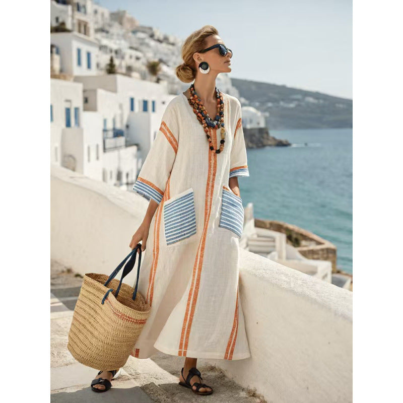 Women Boho Striped Embroidery V Neck Loose Kaftan Maxi Beach Dress