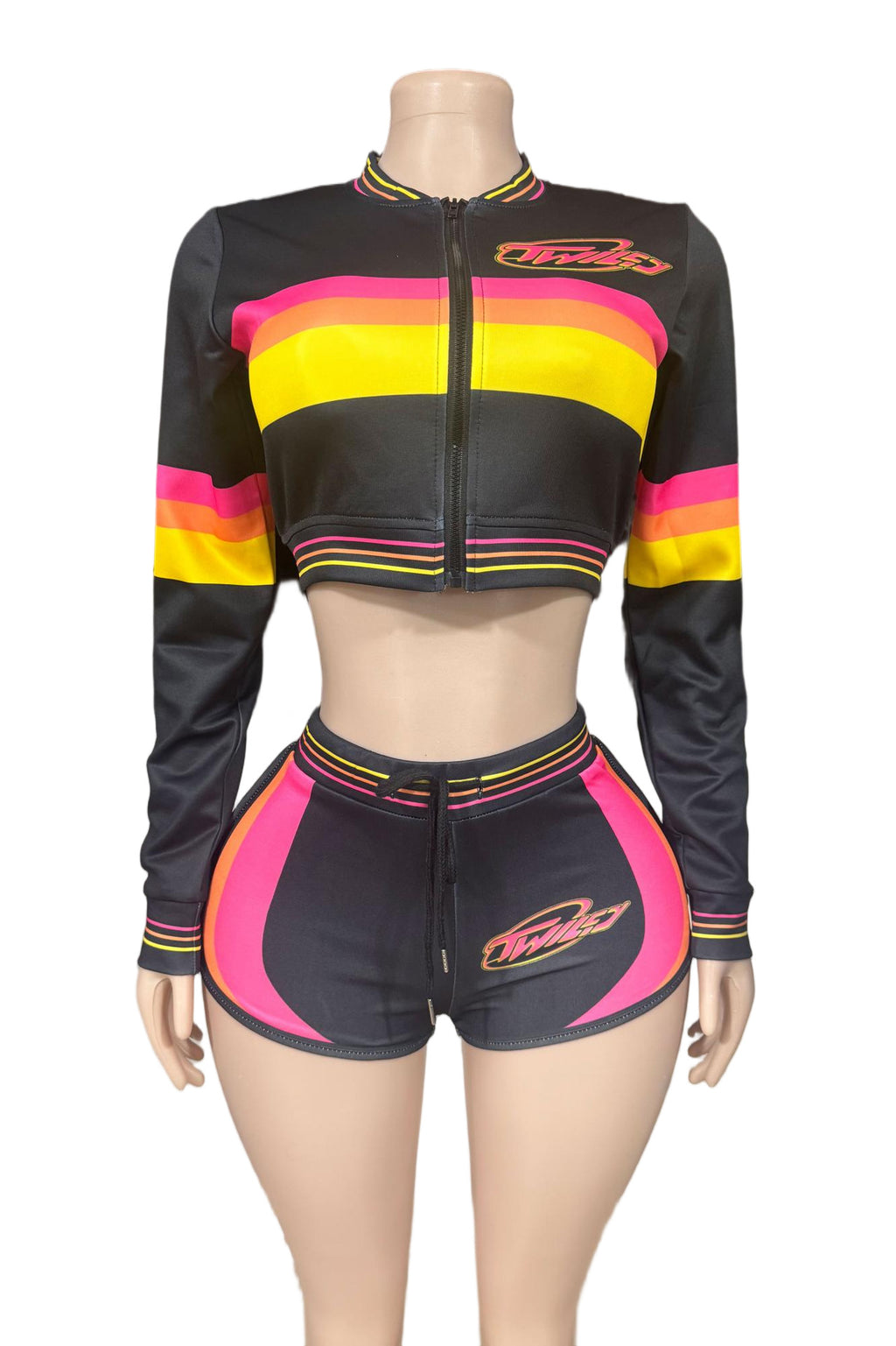 Twiley TM Color Block Zip Up Crop Jacket Shorts 2 Piece Set Women
