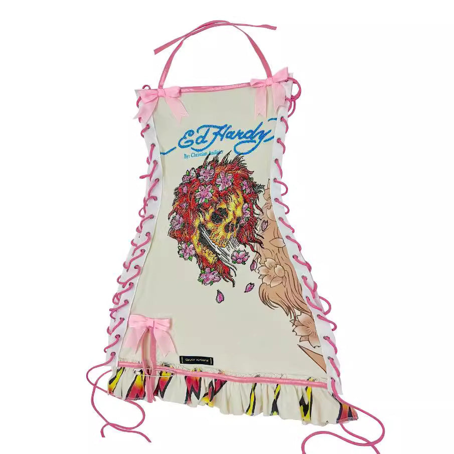 Vintage Skull Print Lace Up Cami Mini Dress Halloween