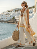 Women Boho Striped Trim Sleeveless Loose Beach Two Piece Set