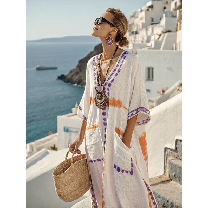 Women Boho Striped Embroidery V Neck Loose Kaftan Maxi Beach Dress