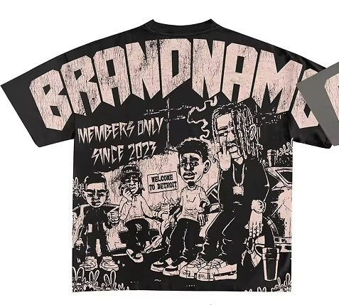 Y2K Hip-Hop Cartoon Portrait Oversized Vintage Baumwoll-T-Shirt im Members-Only-Stil