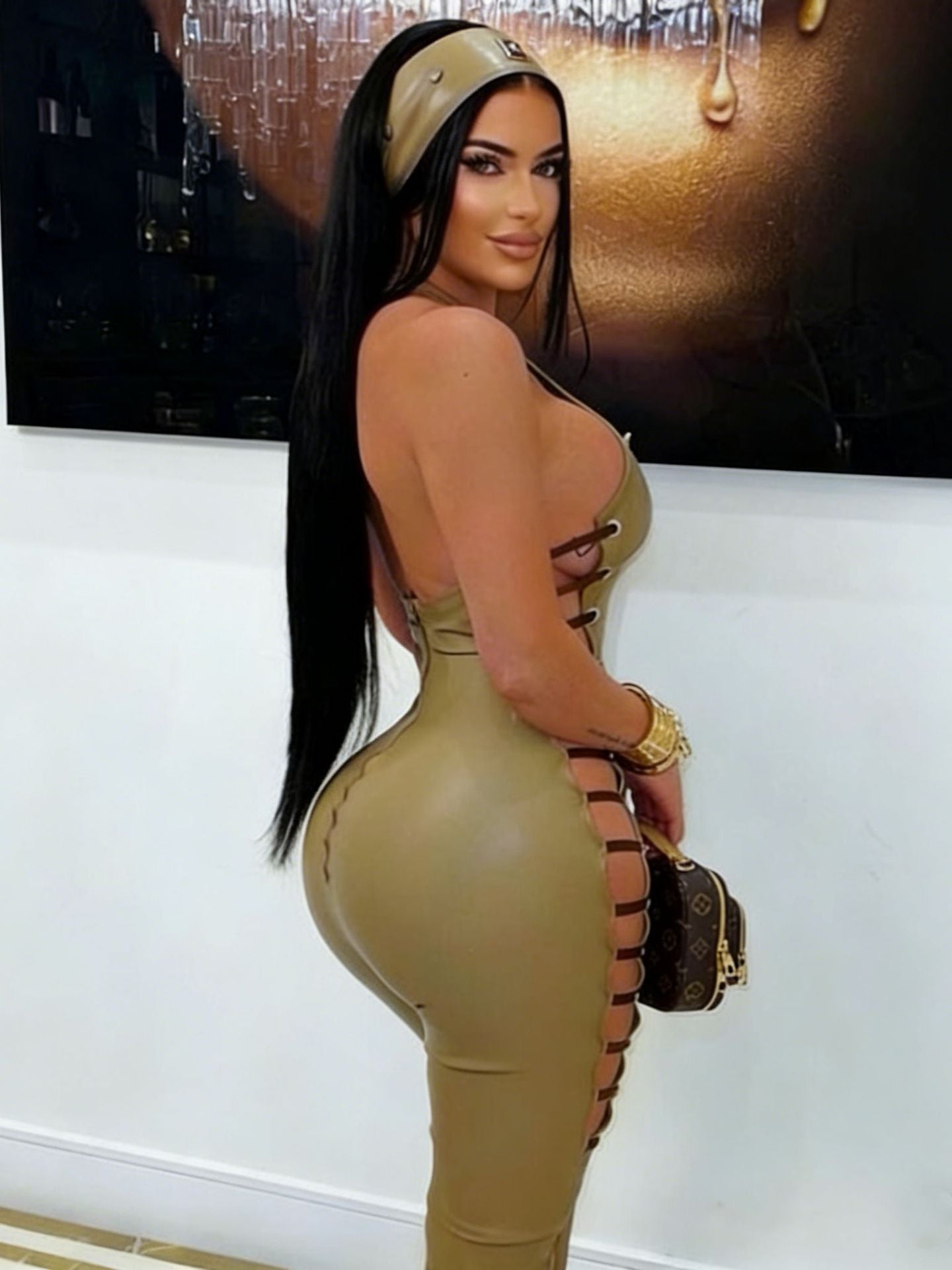 Faux Leather Halter Back Zipper Side Cutout Lace Up Jumpsuit Women