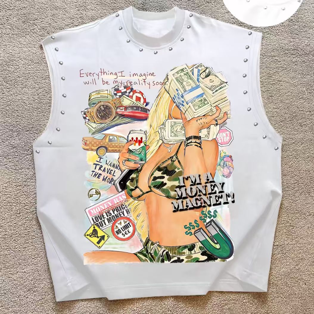 Vintage Letter Number Graphic Rivet Sleeveless Loose Vest Top Women