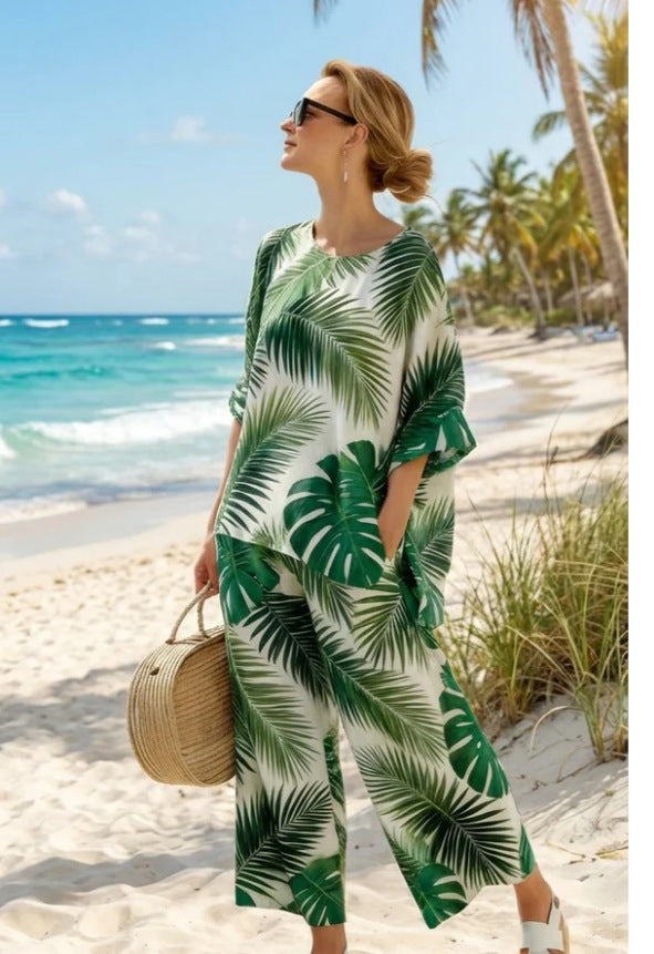 Women Boho Striped Plus Size Loose Kaftan Beach Set