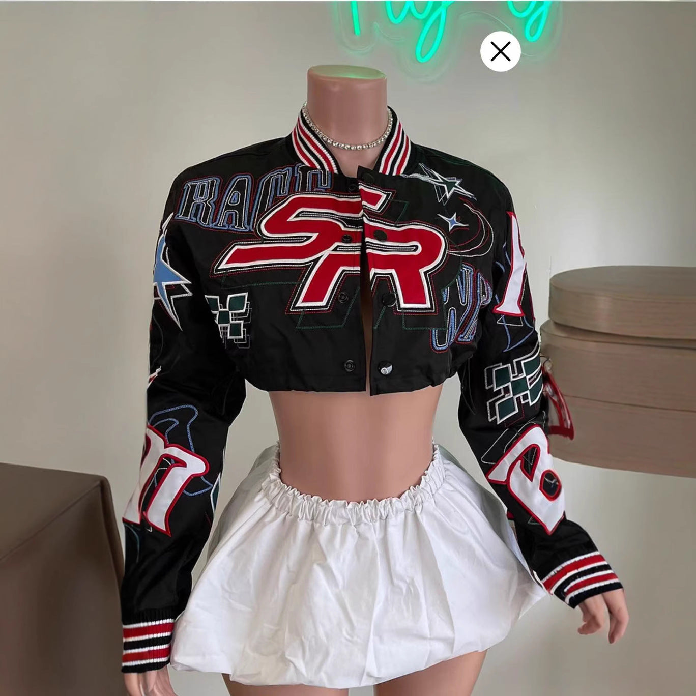 Embroidered Cropped Varsity Jacket Women Long Sleeve Baseball Coat