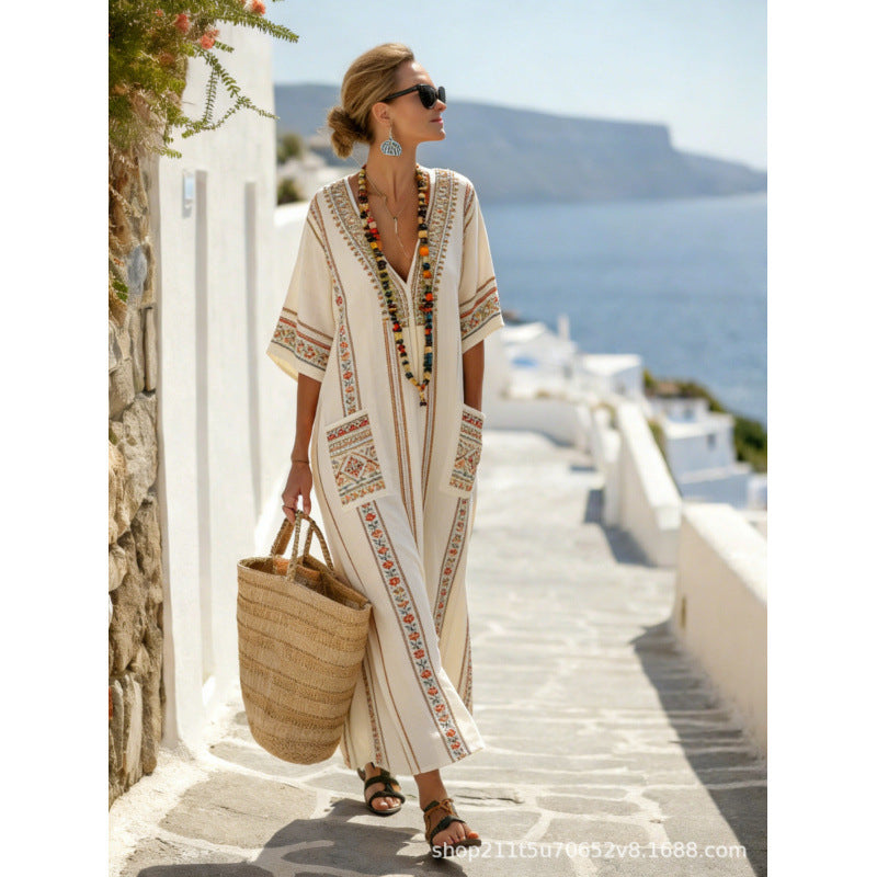 Women Boho Border Print V Neck Loose Kaftan Maxi Beach Dress