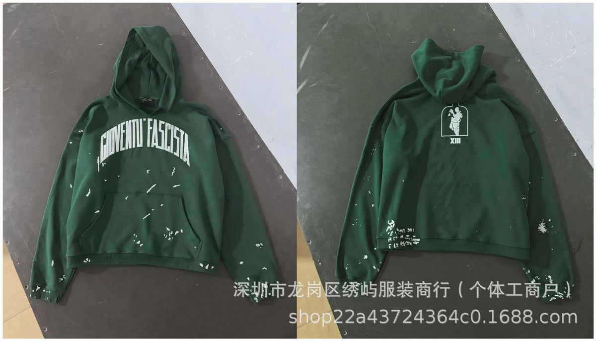 ERD Distressed Photo Letter Print Hoodie Vintage Cotton Pullover