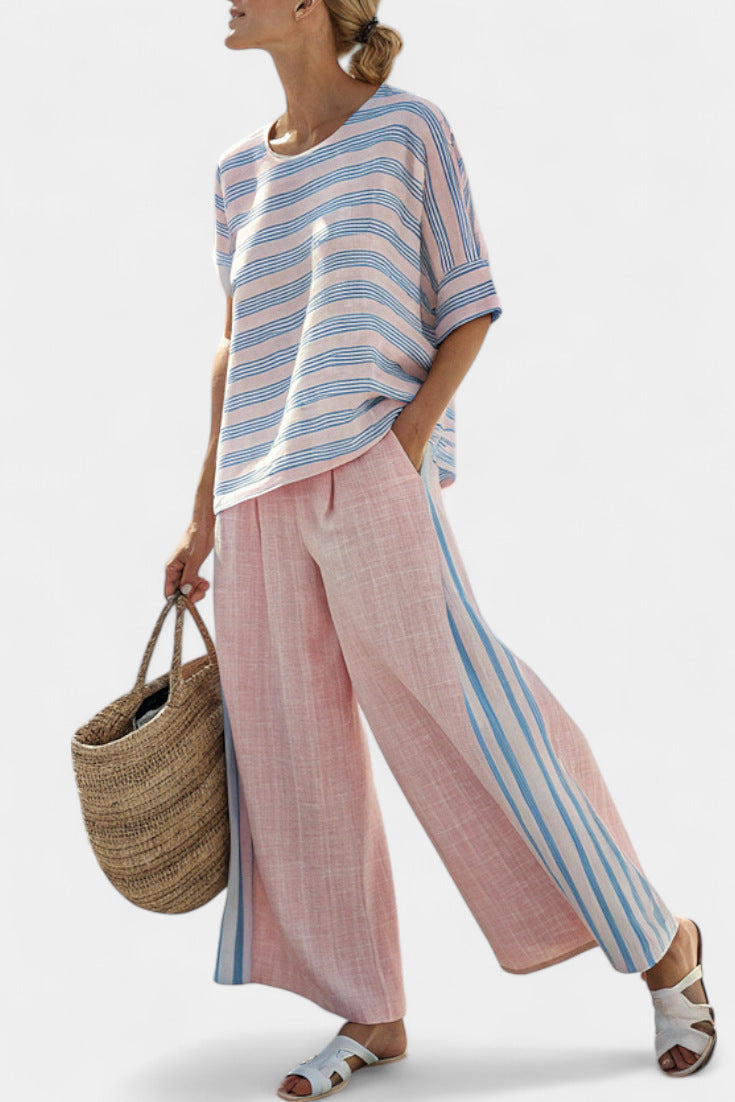 Women European Boho Striped Plus Size Loose Kaftan Beach Vacation Set