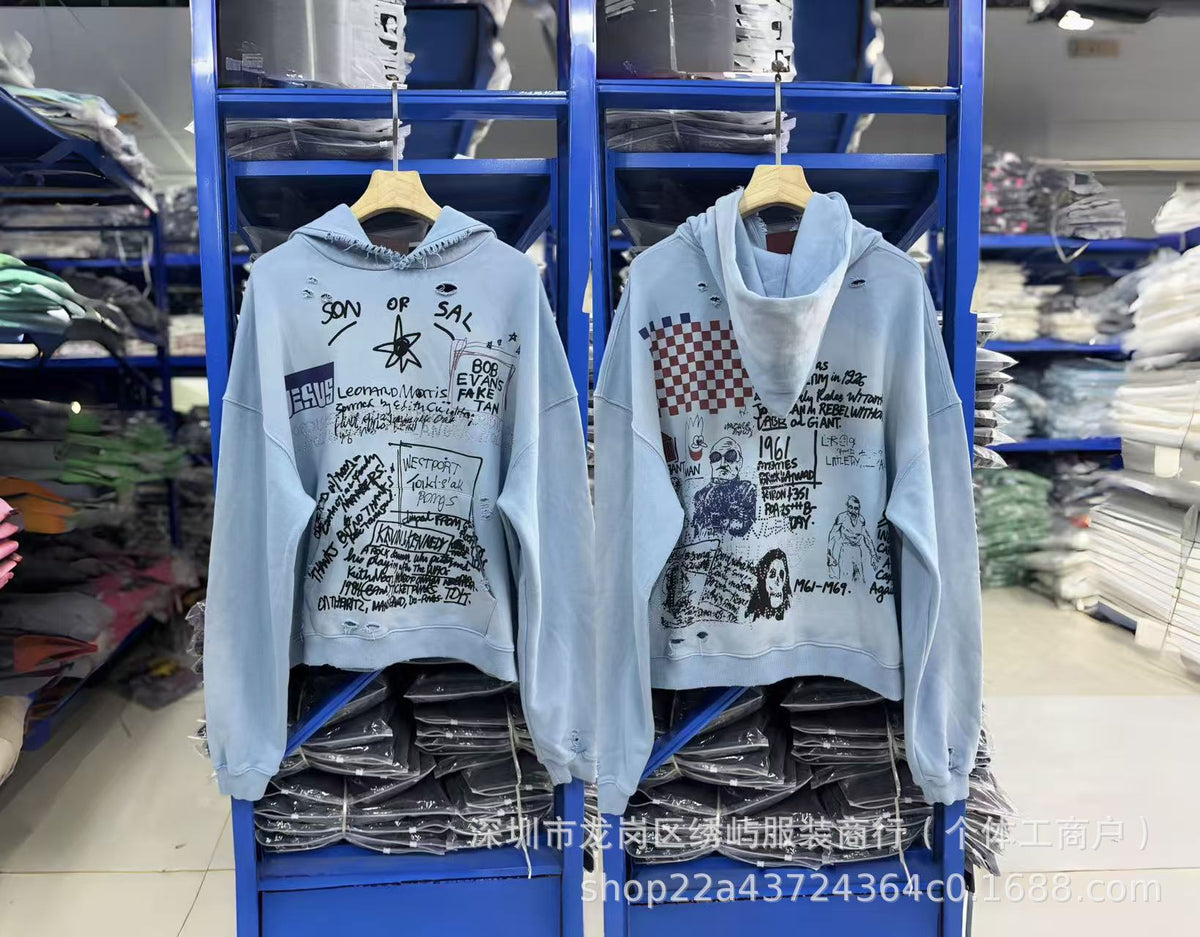 Paly Hollywood Cartoon Letter Hoodie Vintage Wash Graphic Streetwear