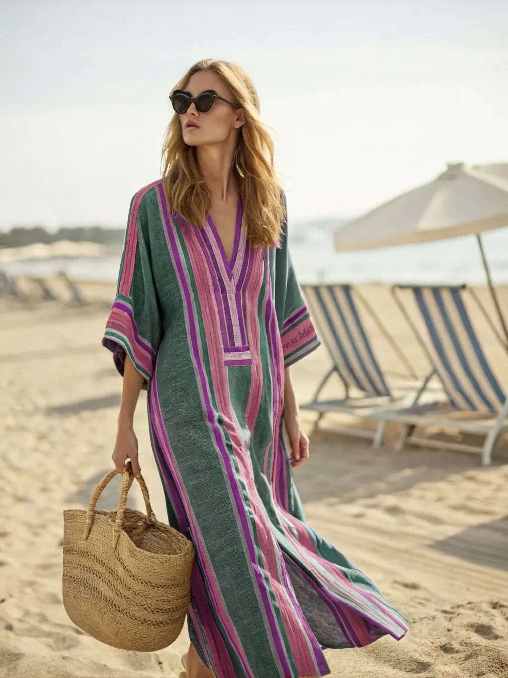 Women Boho Abstract Print V Neck Batwing Loose Kaftan Maxi Beach Dress