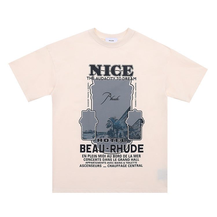 Rhude Graphic Tees Vintage High Street Loose Couple Crew Neck T-Shirt