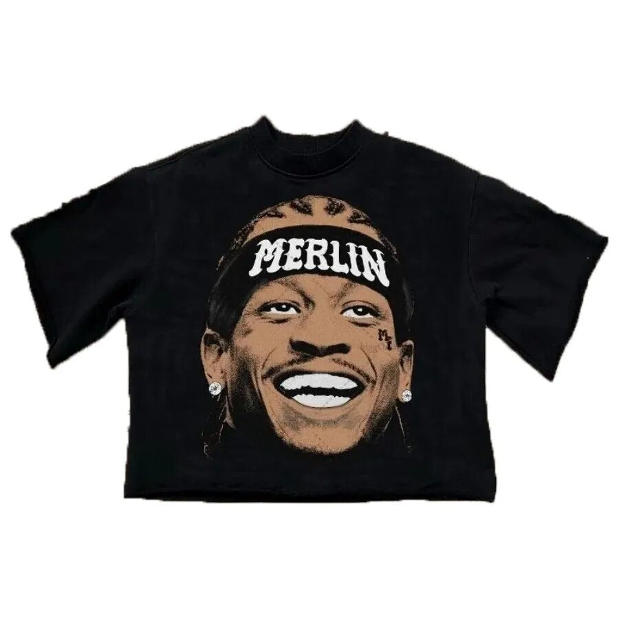Merlin Worldwide Style Y2K Cartoon Portrait Oversized Vintage Baumwoll-T-Shirt