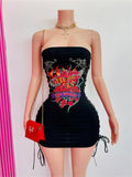 Floral Graphic Print Strapless Drawstring Side Bodycon Mini Dress Women