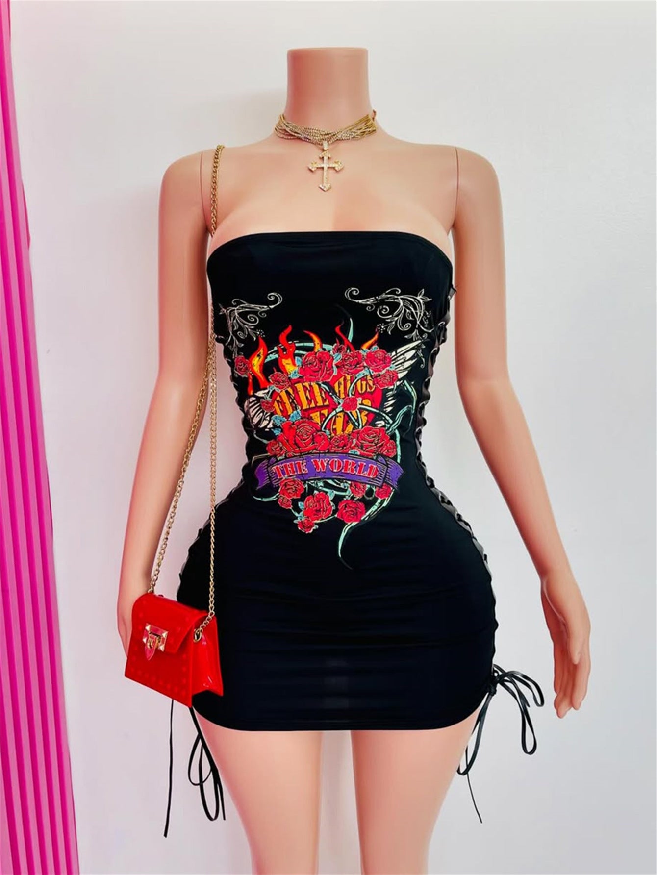 Floral Graphic Print Strapless Drawstring Side Bodycon Mini Dress Women