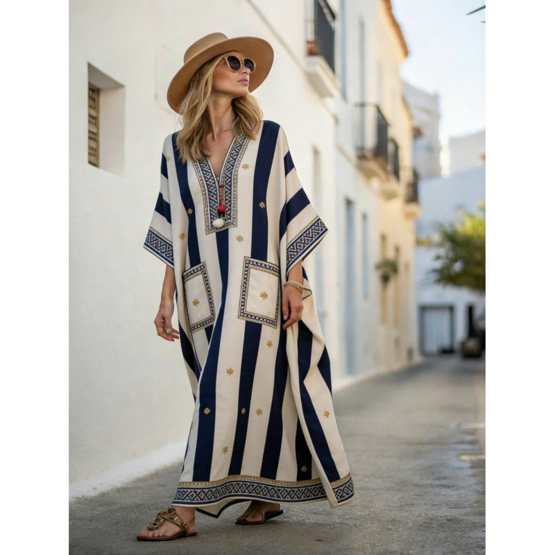 Women Boho Striped V Neck Open Front Loose Kaftan Maxi Beach Dress