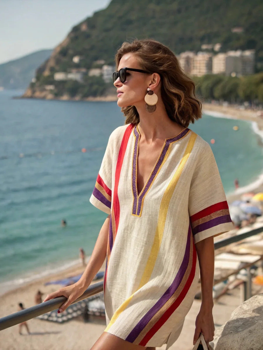 Women Boho Vertical Striped V Neck Loose Short Kaftan Beach Dress