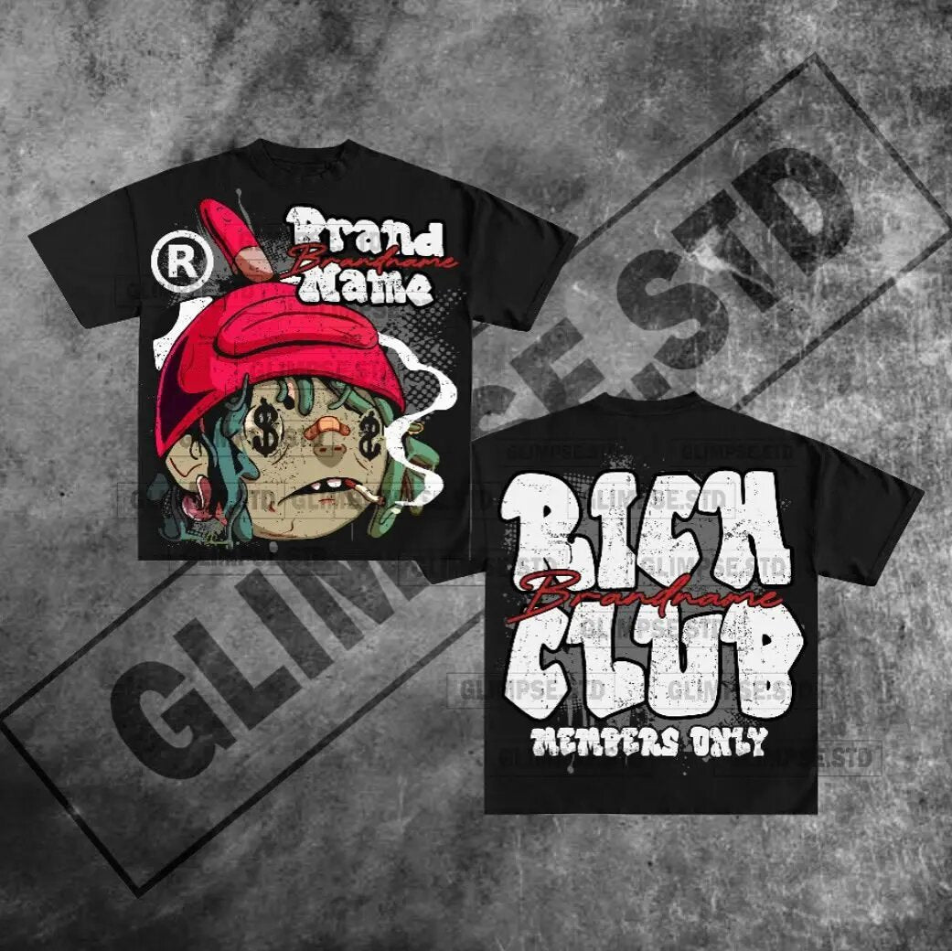 Y2K Rich Club Style Hip Hop Portrait Slogan Oversized Streetwear Cotton Tee