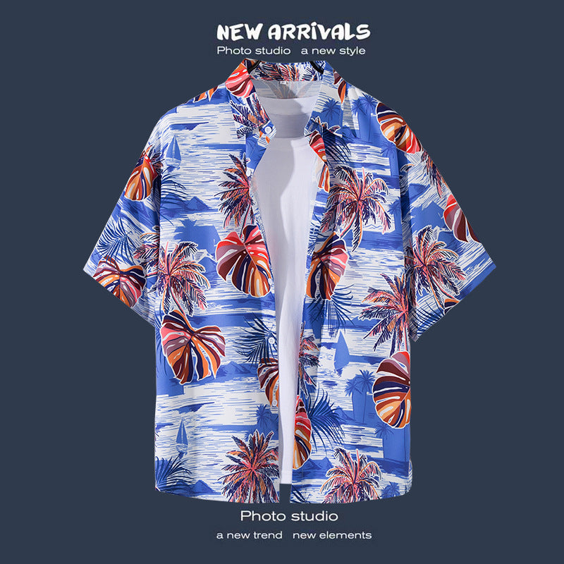 Mens Vintage Tropical Hawaiian Floral Loose Short Sleeve Beach Shirt