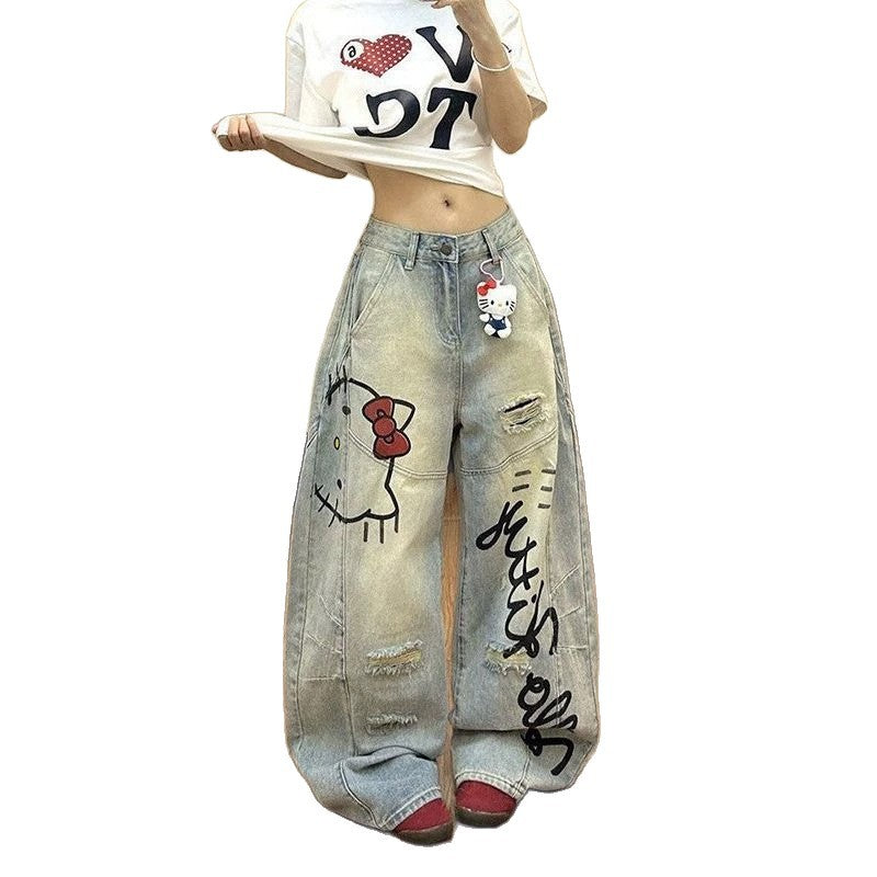 Sw Pay Chart Graffiti Hello Kitty Distressed Curved Wide Leg Baggy Denim Jeans – Moryane