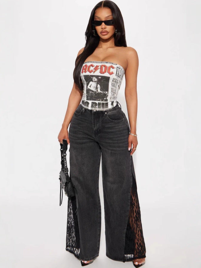 Vintage Figure Print Strapless Crop Tube Top Women