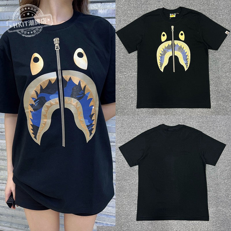 Bape Shark Camo Zip Graphic Oversized Tee Streetwear Unisex
