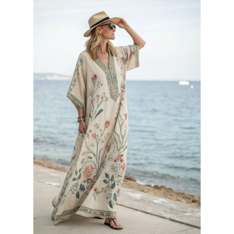 Women Boho Floral Border Print V Neck Loose Kaftan Maxi Beach Dress