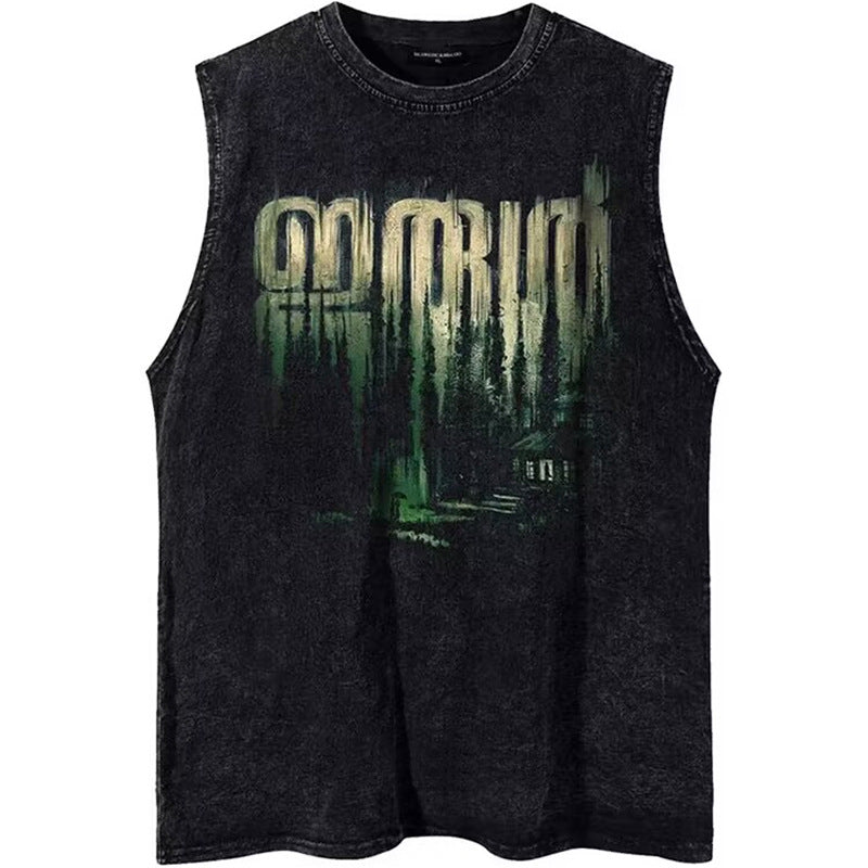 Vintage Washed Cotton Tank Top Men Retro Graphic Sleeveless Vest