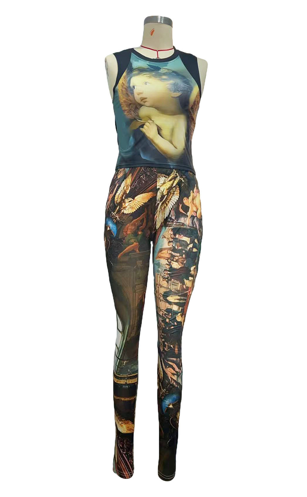 Vintage Oil Painting Print Sleeveless Crop Top Leggings 2 Piece Set