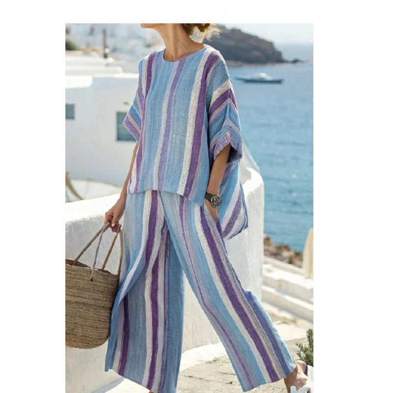 Women Boho Striped Plus Size Loose Kaftan Beach Set
