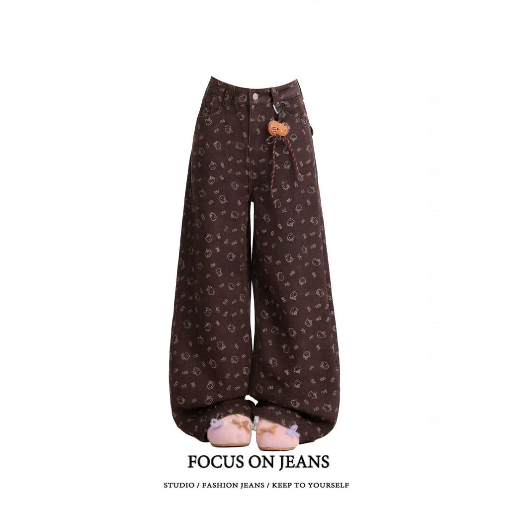 Brown Hello Kitty Print Wide Leg Denim Jeans High Waist Loose Trousers