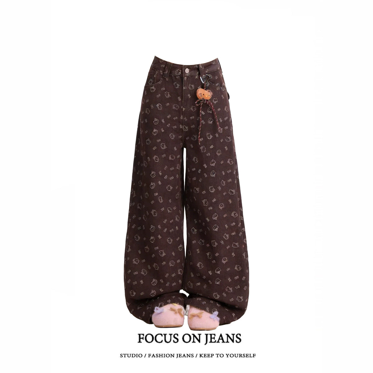Brown Hello Kitty Print Wide Leg Denim Jeans High Waist Loose Trousers