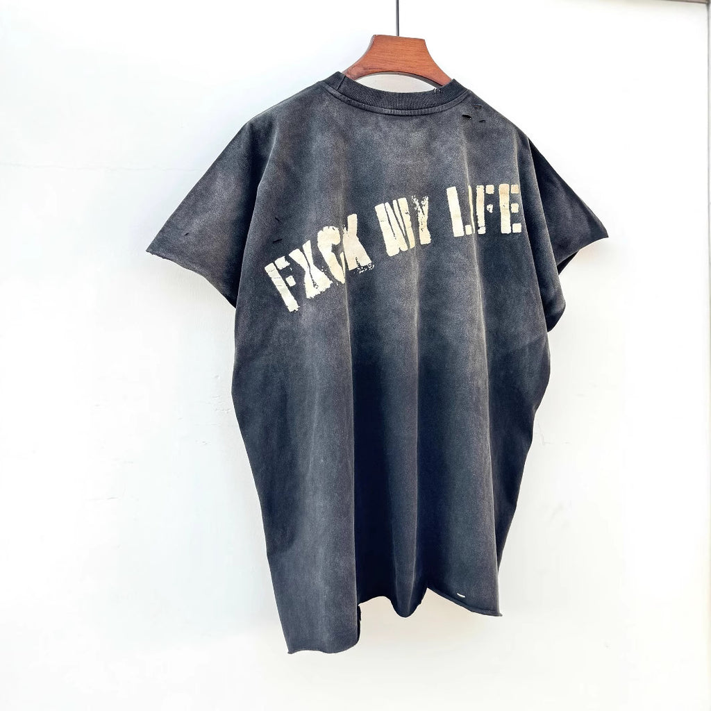 Washed Distressed Drip Letter Print Crew Neck Short Sleeve T Shirt