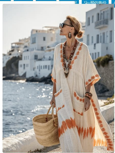 Women Boho V Neck Patch Pocket Print Loose Kaftan Maxi Beach Dress