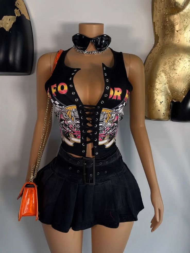 Vintage Graphic Lace Up Cutout Sleeveless Crop Tank Top