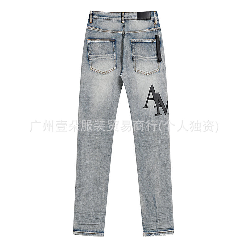 Amiri Blue Letter Embroidery Distressed Stretch Slim Fit Denim Jeans