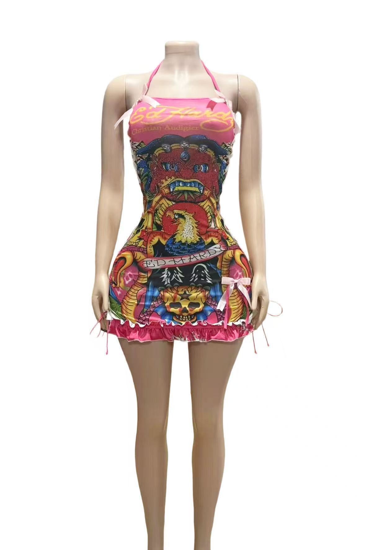 Vintage Skull Print Lace Up Cami Mini Dress Halloween