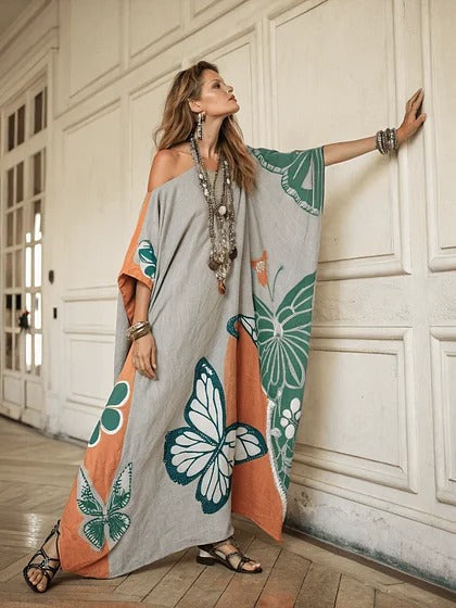 Women Boho Diagonal Striped Off Shoulder Loose Kaftan Maxi Beach Dress