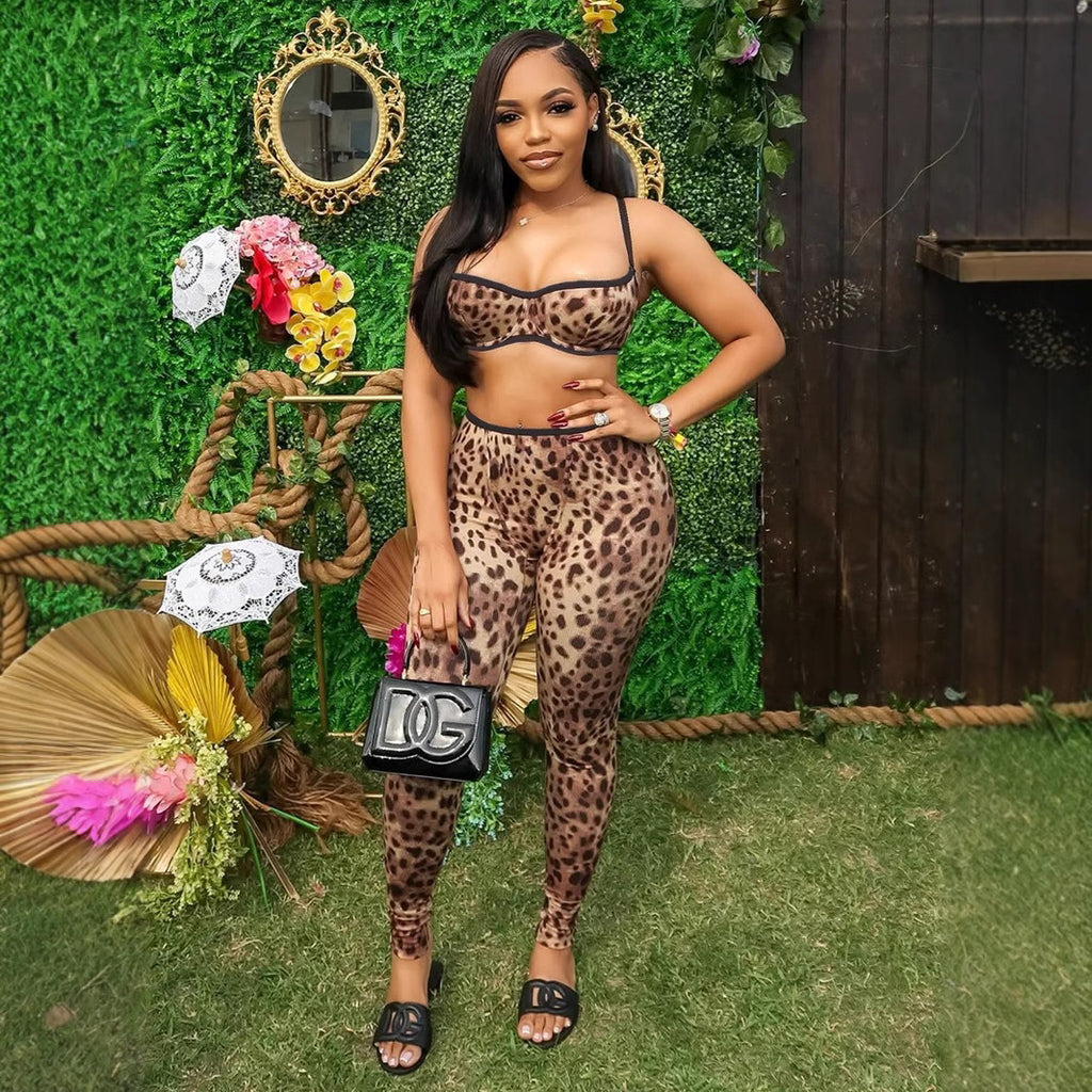 Y2K Leopard Print Spaghetti Strap Crop Top Legging 2 Piece Set
